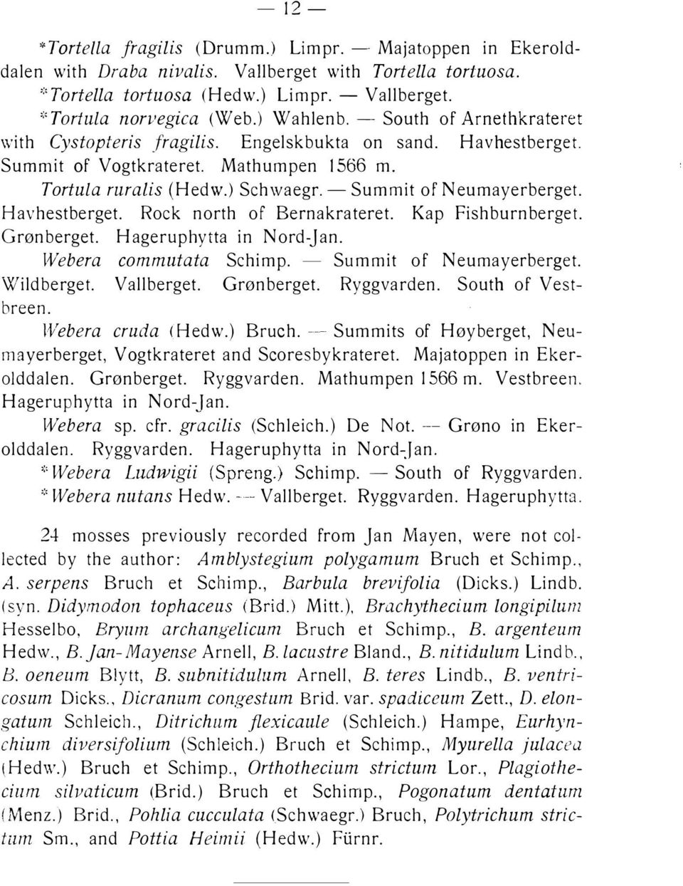 - Sum mit of N eumayerberget. Ha\'hestberget. Rock north of Bernakrateret. Kap Fishburnberget. Grønberget. Hageruphytta in Nord-jan. Webera commutata Schimp. - Summit of Neumayerberget. Wildberget.