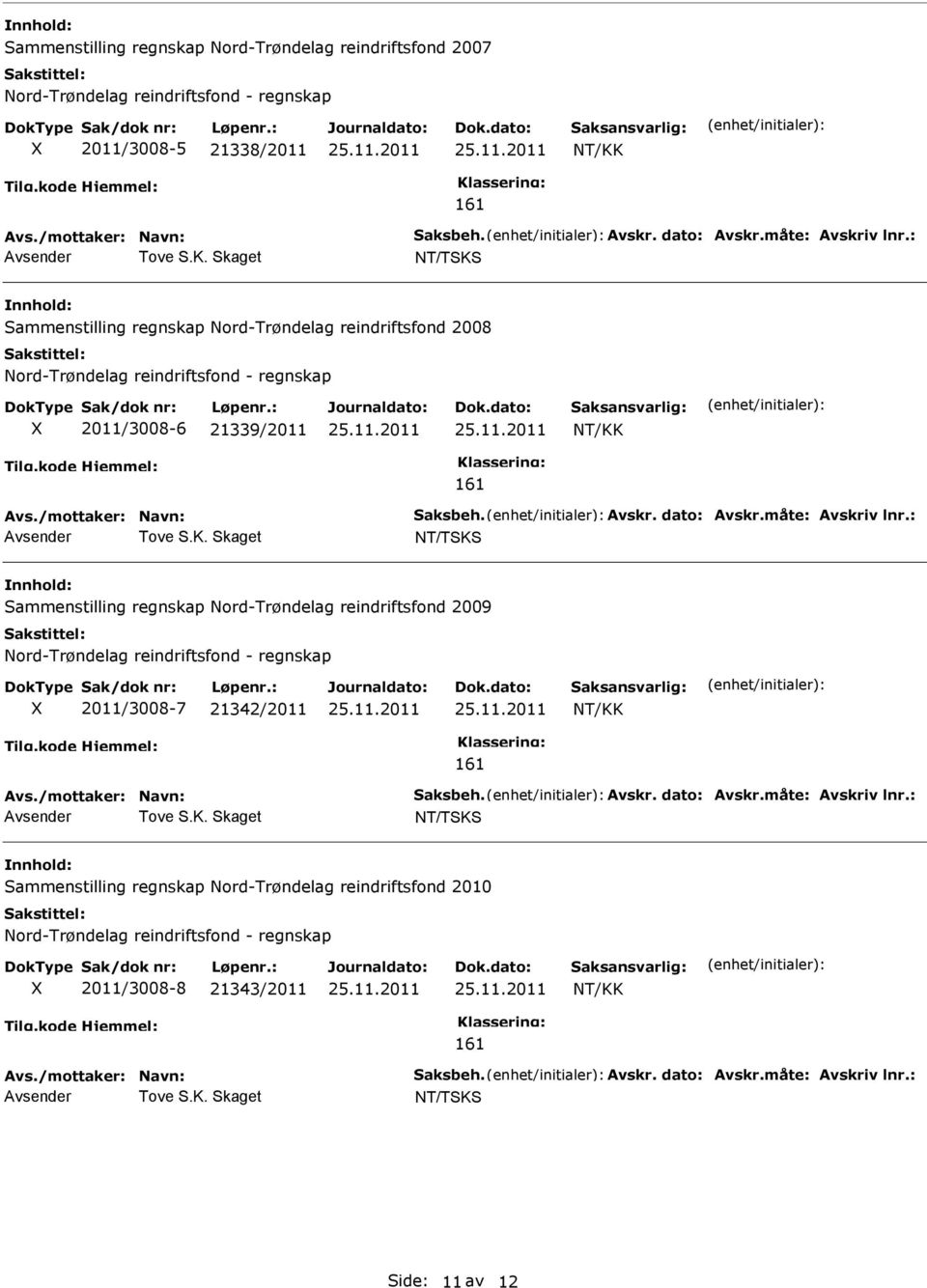 Skaget Sammenstilling regnskap Nord-Trøndelag reindriftsfond 2009 2011/3008-7 21342/2011 Tove S.K.