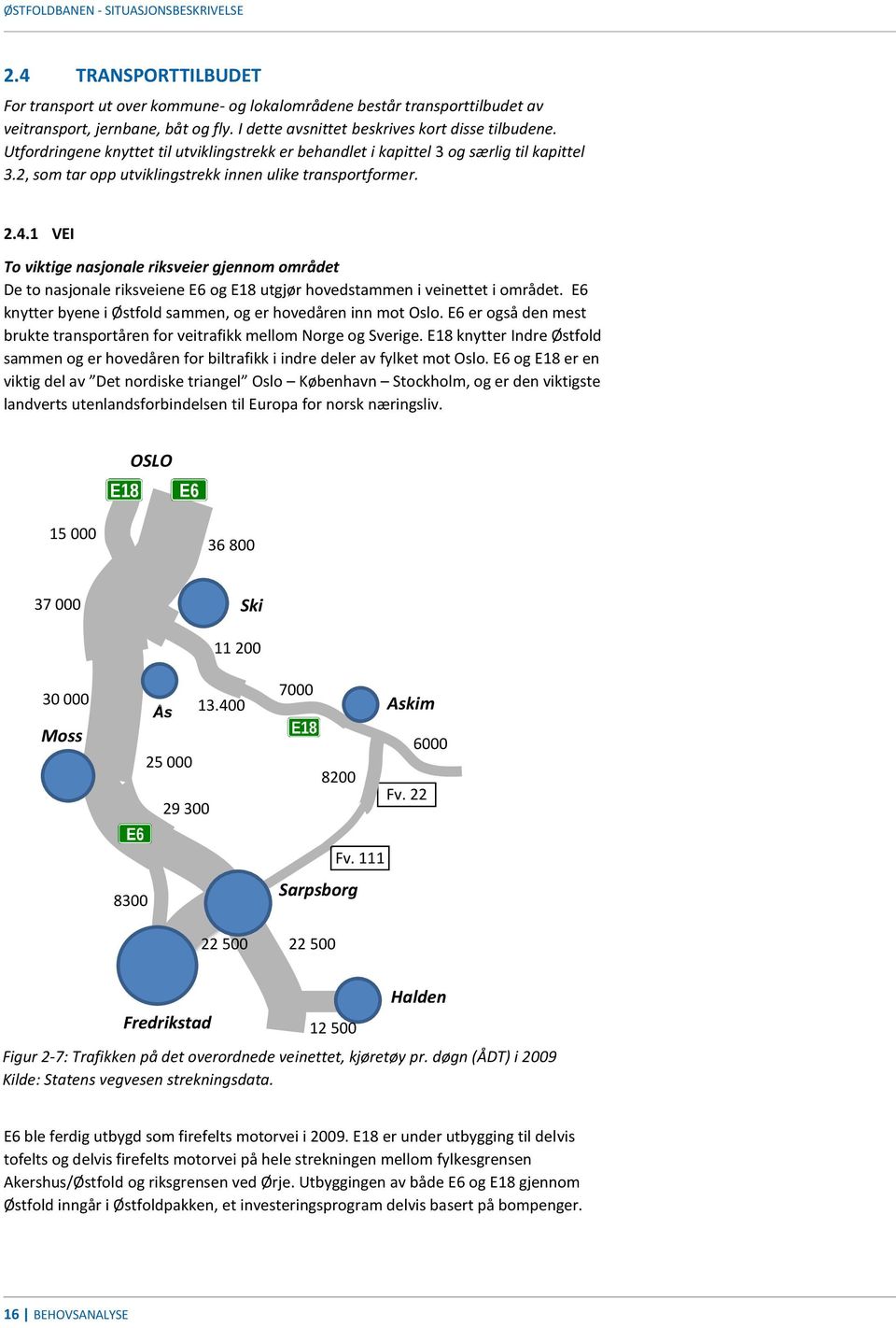 2, som tar opp utviklingstrekk innen ulike transportformer. 2.4.1 VEI To viktige nasjonale riksveier gjennom området De to nasjonale riksveiene E6 og E18 utgjør hovedstammen i veinettet i området.