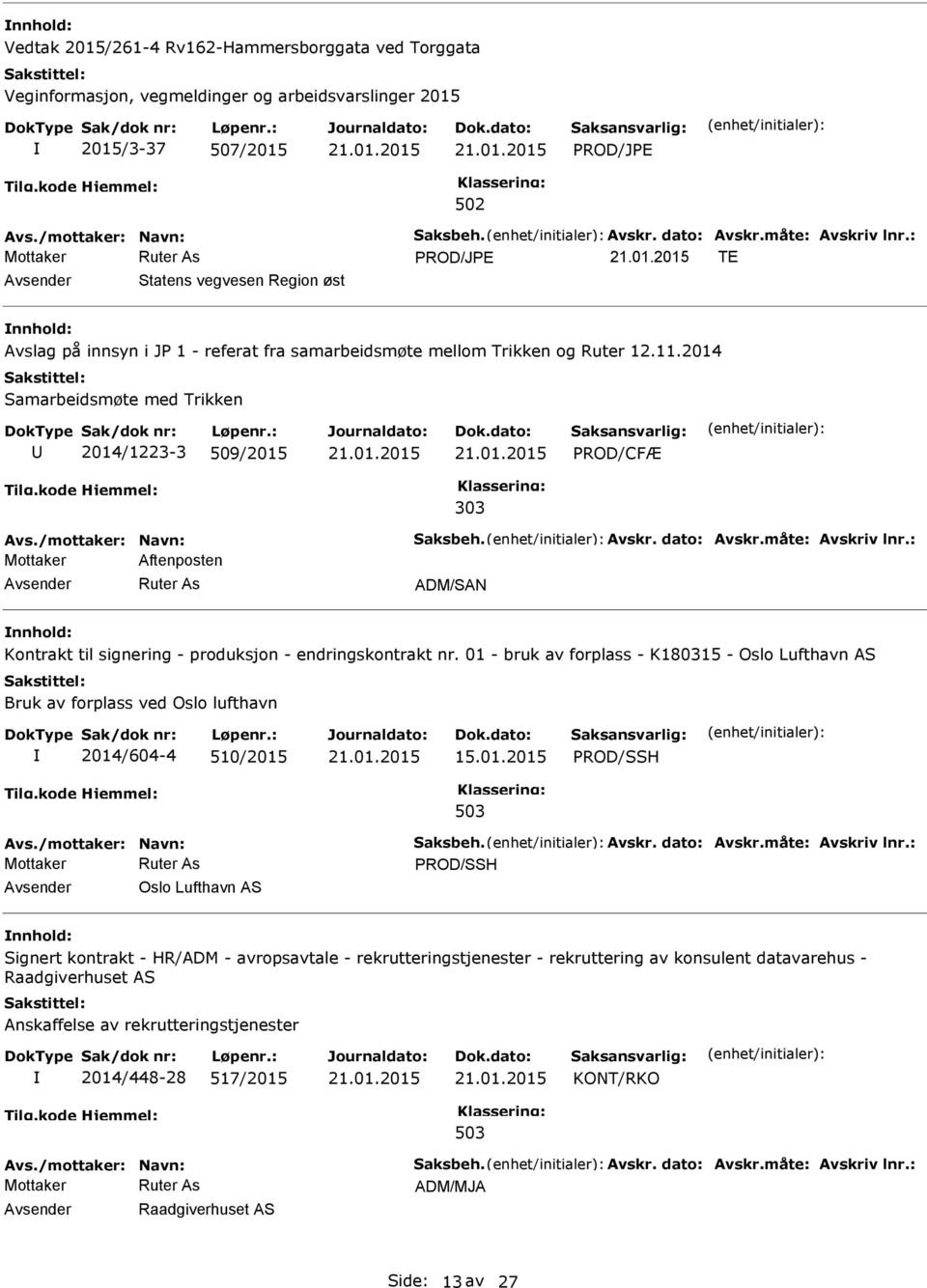 dato: Avskr.måte: Avskriv lnr.: Mottaker Aftenposten ADM/SAN Kontrakt til signering - produksjon - endringskontrakt nr.