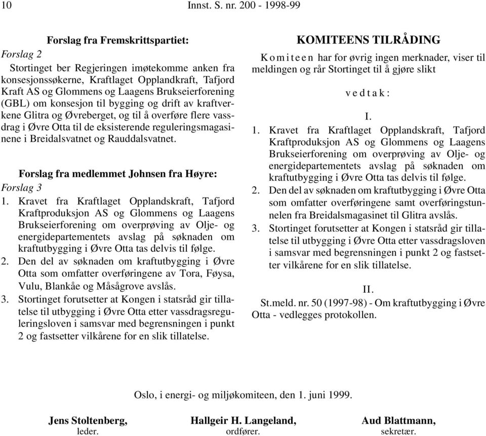 Brukseierforening (GBL) om konsesjon til bygging og drift av kraftverkene Glitra og Øvreberget, og til å overføre flere vassdrag i Øvre Otta til de eksisterende reguleringsmagasinene i Breidalsvatnet