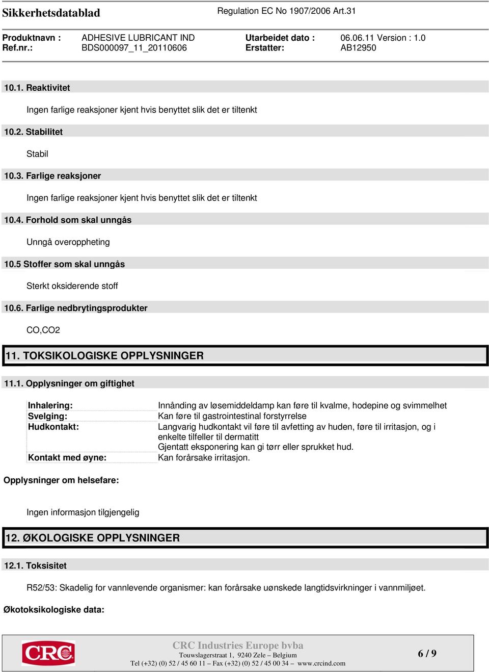 Farlige nedbrytingsprodukter CO,CO2 11