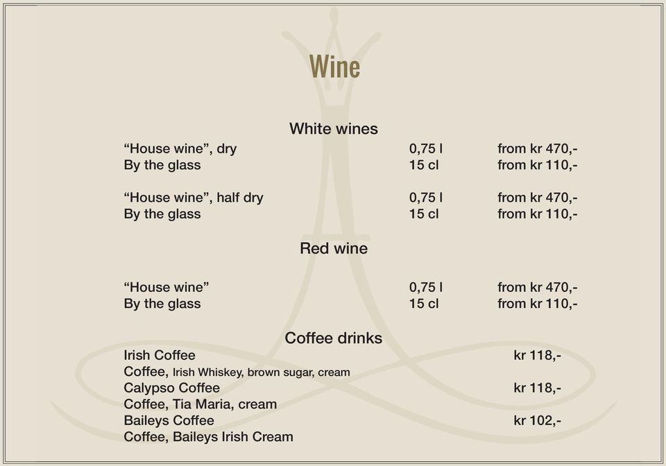 the glass 15 cl from kr 110,- Coffee drinks Irish Coffee kr 118,- Coffee, Irish Whiskey, brown sugar,