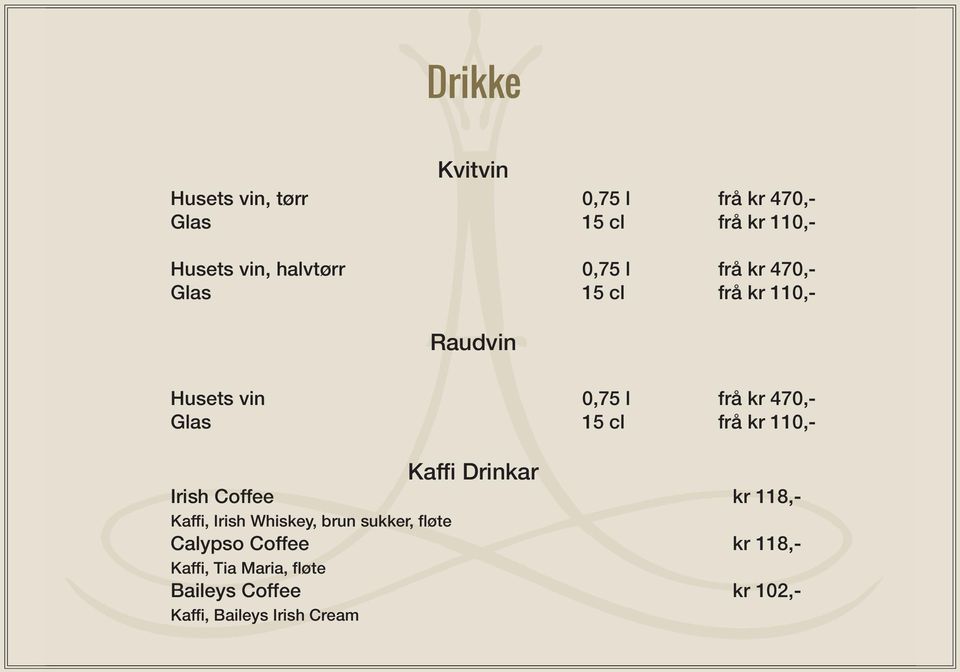 Glas 15 cl frå kr 110,- Kaffi Drinkar Irish Coffee kr 118,- Kaffi, Irish Whiskey, brun sukker,