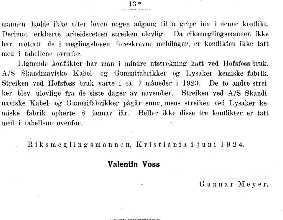 Lignende konflikter har man i mindre utstrekning hatt ved Hofsfoss bruk, 'VS Skandinaviske Kabel- og Gummifabrikker og Lysaker kemiske fabrik. Streiken ved Hofsfoss bruk varte i ea. 7 måneder i 9.