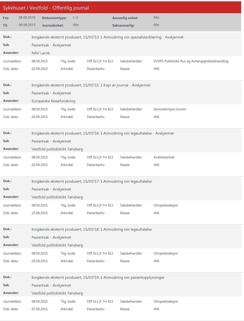 2015 Arkivdel: Pasientarkiv Inngående eksternt produsert, 15/03716-1 Anmodning om legeuttalelse - Pasientsak - Vestfold politidistrikt Tønsberg Kvalitetsenhet Dok. dato: 03.09.