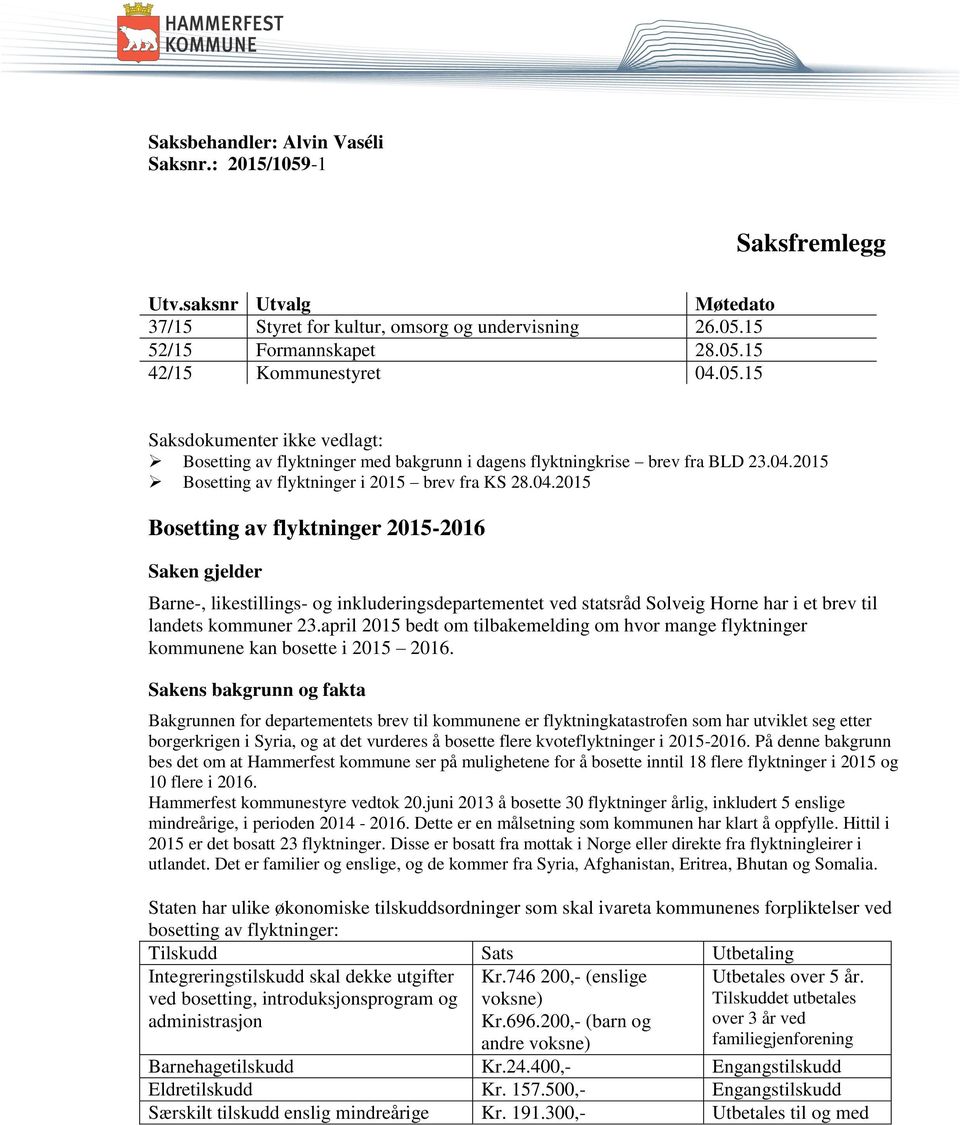 2015 Bosetting av flyktninger i 2015 brev fra KS 28.04.