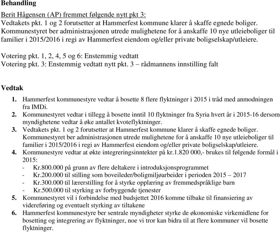 1, 2, 4, 5 og 6: Enstemmig vedtatt Votering pkt. 3: Enstemmig vedtatt nytt pkt. 3 rådmannens innstilling falt Vedtak 1.