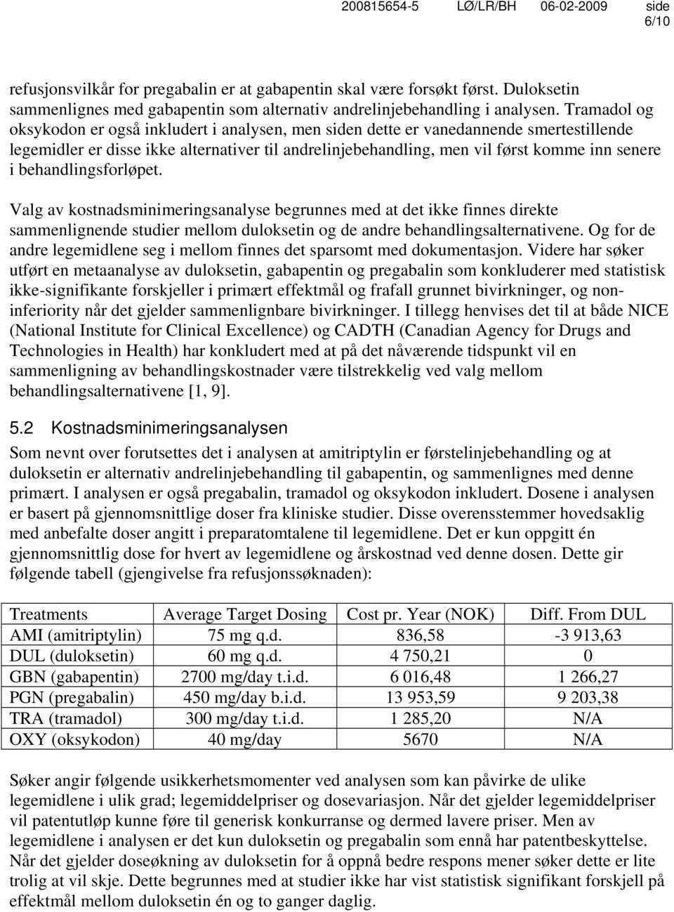 behandlingsforløpet. Valg av kostnadsminimeringsanalyse begrunnes med at det ikke finnes direkte sammenlignende studier mellom duloksetin og de andre behandlingsalternativene.