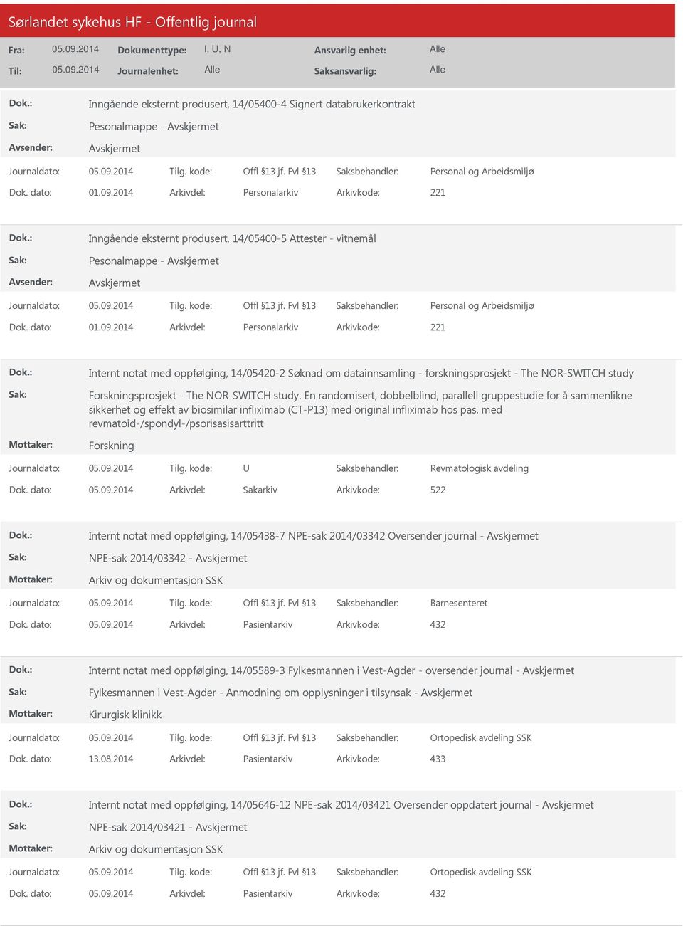 2014 Arkivdel: Personalarkiv Arkivkode: 221 Internt notat med oppfølging, 14/05420-2 Søknad om datainnsamling - forskningsprosjekt - The NOR-SWITCH study Forskningsprosjekt - The NOR-SWITCH study.