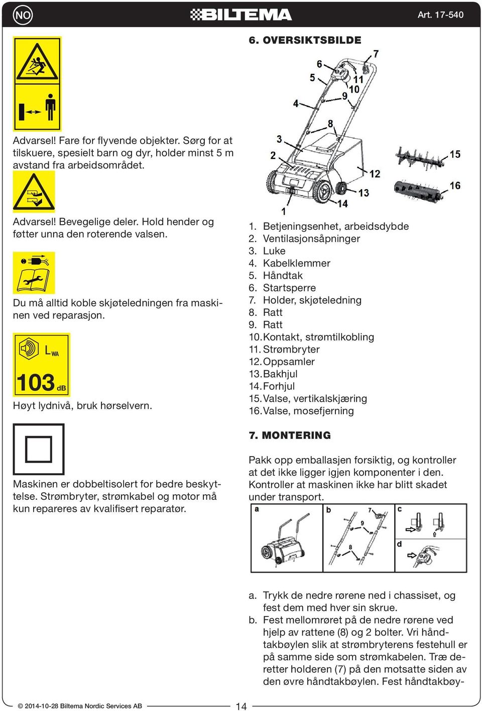 Ventilasjonsåpninger 3. Luke 4. Kabelklemmer 5. Håndtak 6. Startsperre 7. Holder, skjøteledning 8. Ratt 9. Ratt 10. Kontakt, strømtilkobling 11. Strømbryter 12. Oppsamler 13. Bakhjul 14. Forhjul 15.