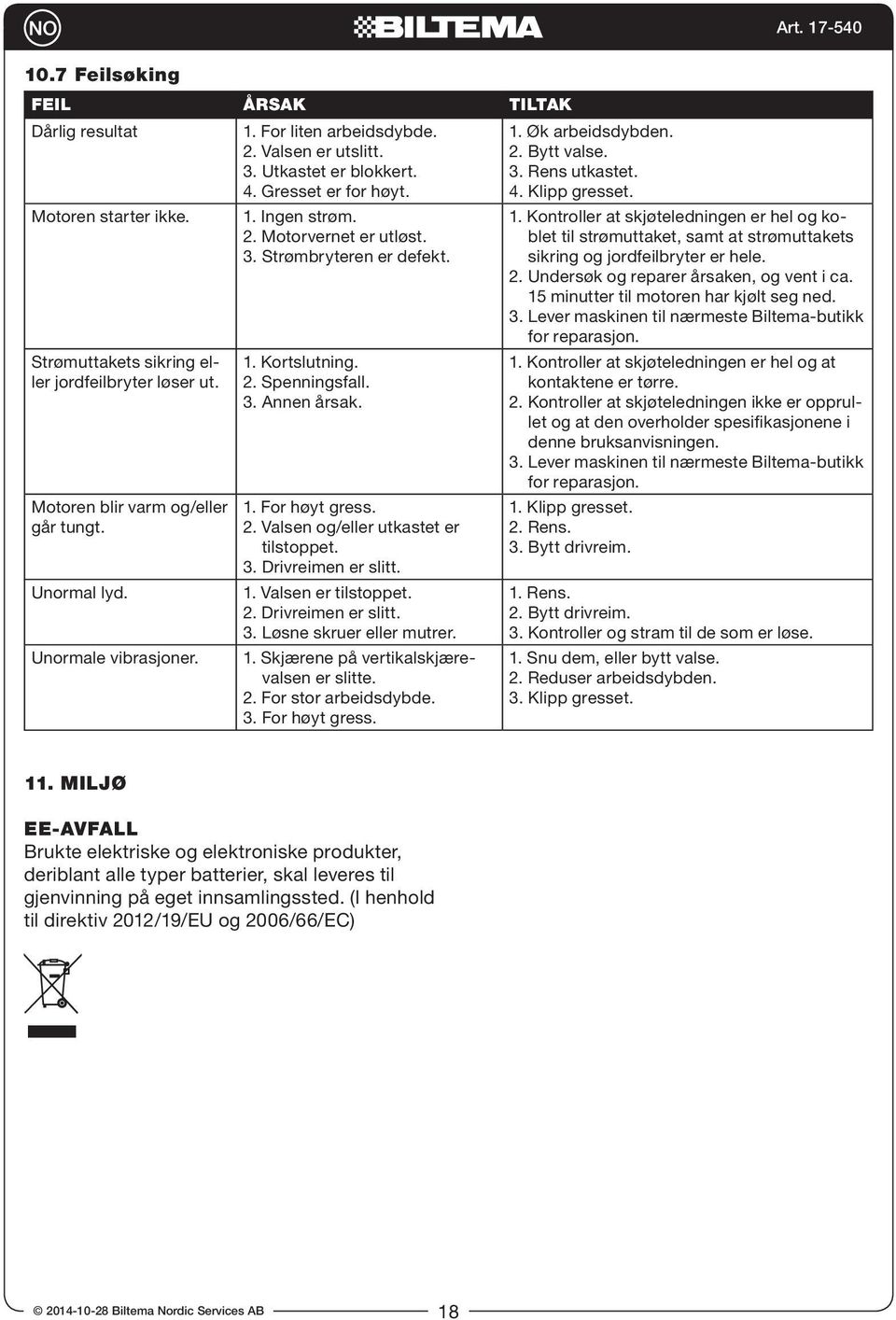 3. Annen årsak. 1. For høyt gress. 2. Valsen og/eller utkastet er tilstoppet. 3. Drivreimen er slitt. 1. Valsen er tilstoppet. 2. Drivreimen er slitt. 3. Løsne skruer eller mutrer. 1. Skjærene på vertikalskjærevalsen er slitte.