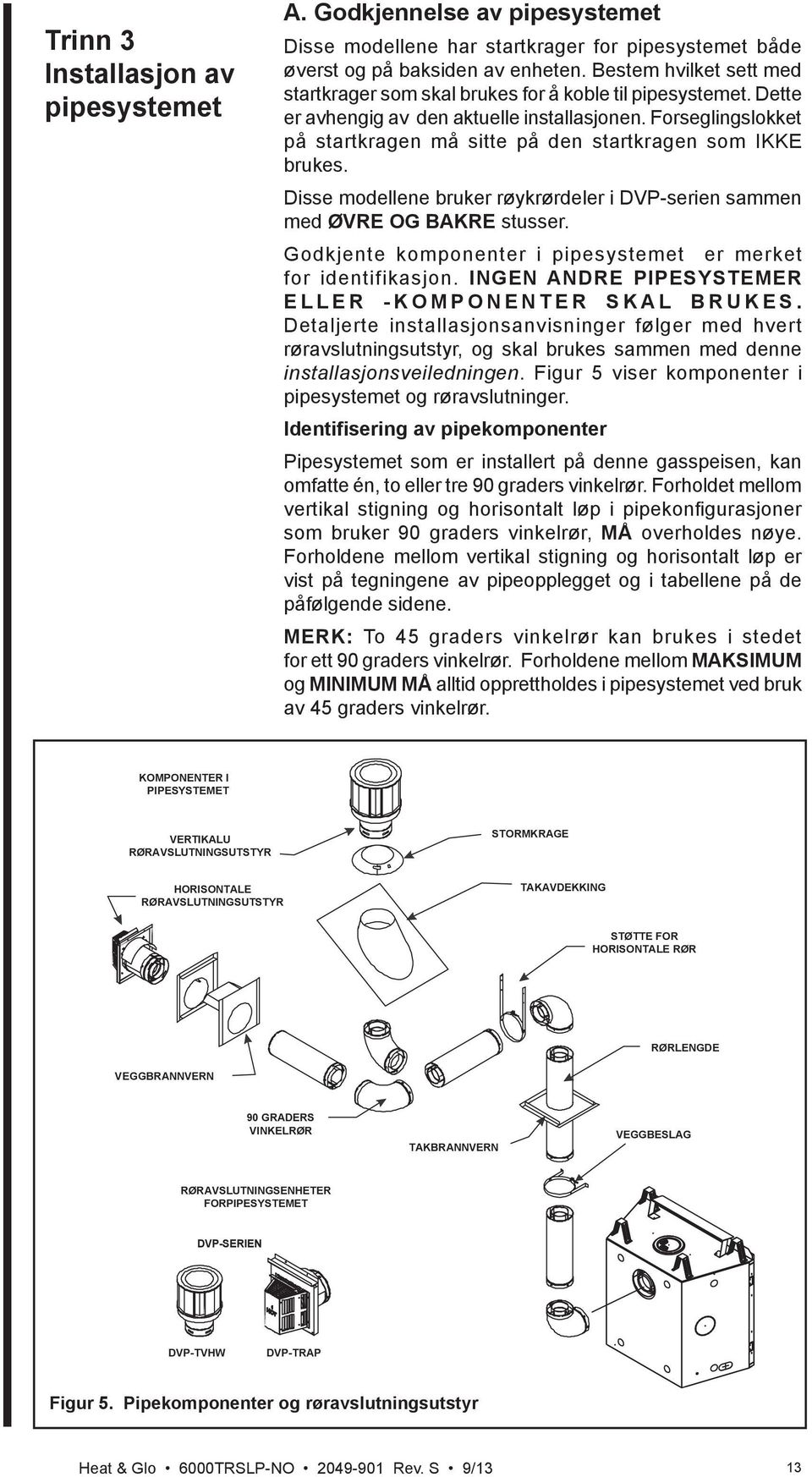 Disse modellene bruker røykrørdeler i DVP-serien sammen med ØVRE OG BAKRE stusser. Godkjente komponenter i pipesystemet er merket for identifikasjon.