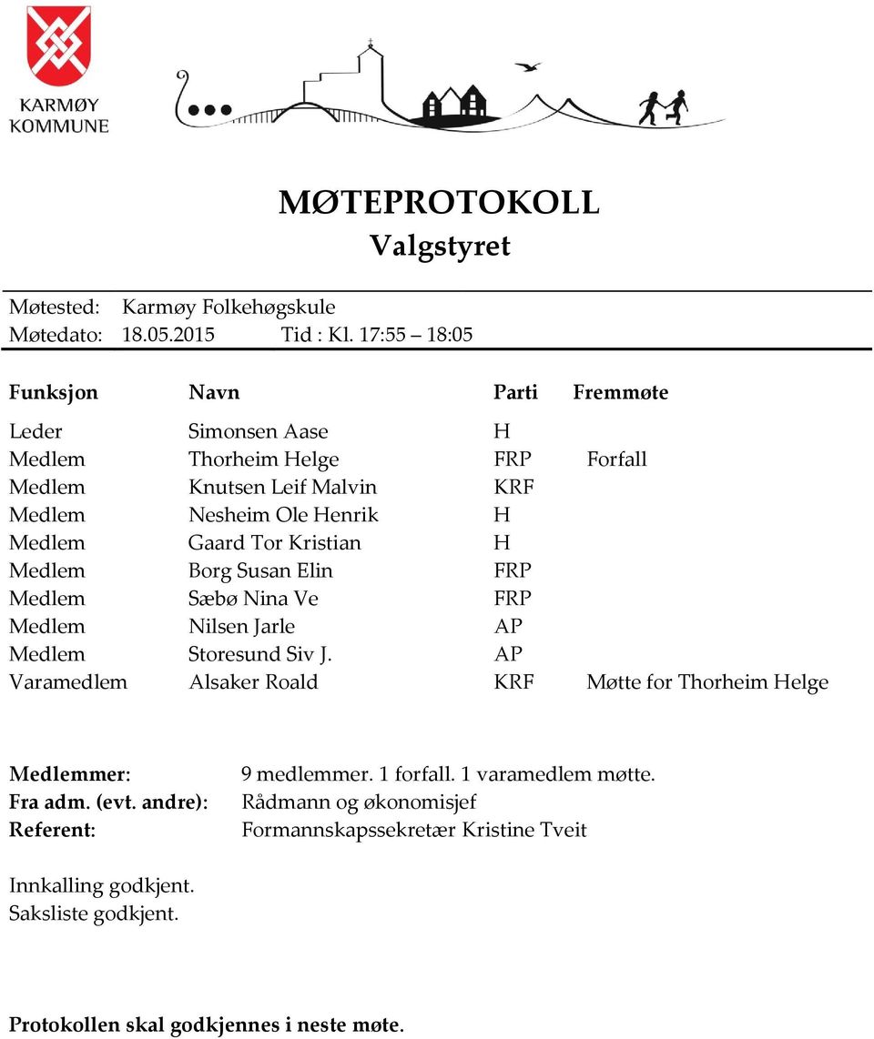 Gaard Tor Kristian H Medlem Borg Susan Elin FRP Medlem Sæbø Nina Ve FRP Medlem Nilsen Jarle AP Medlem Storesund Siv J.