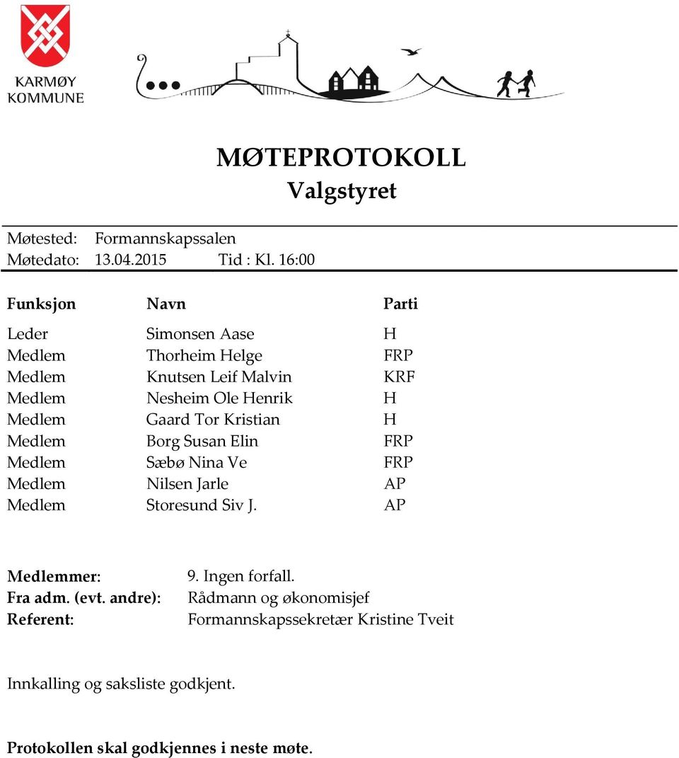 Medlem Nesheim Ole Henrik H Medlem Gaard Tor Kristian H Medlem Borg Susan Elin FRP Medlem Sæbø Nina Ve FRP Medlem Nilsen Jarle AP