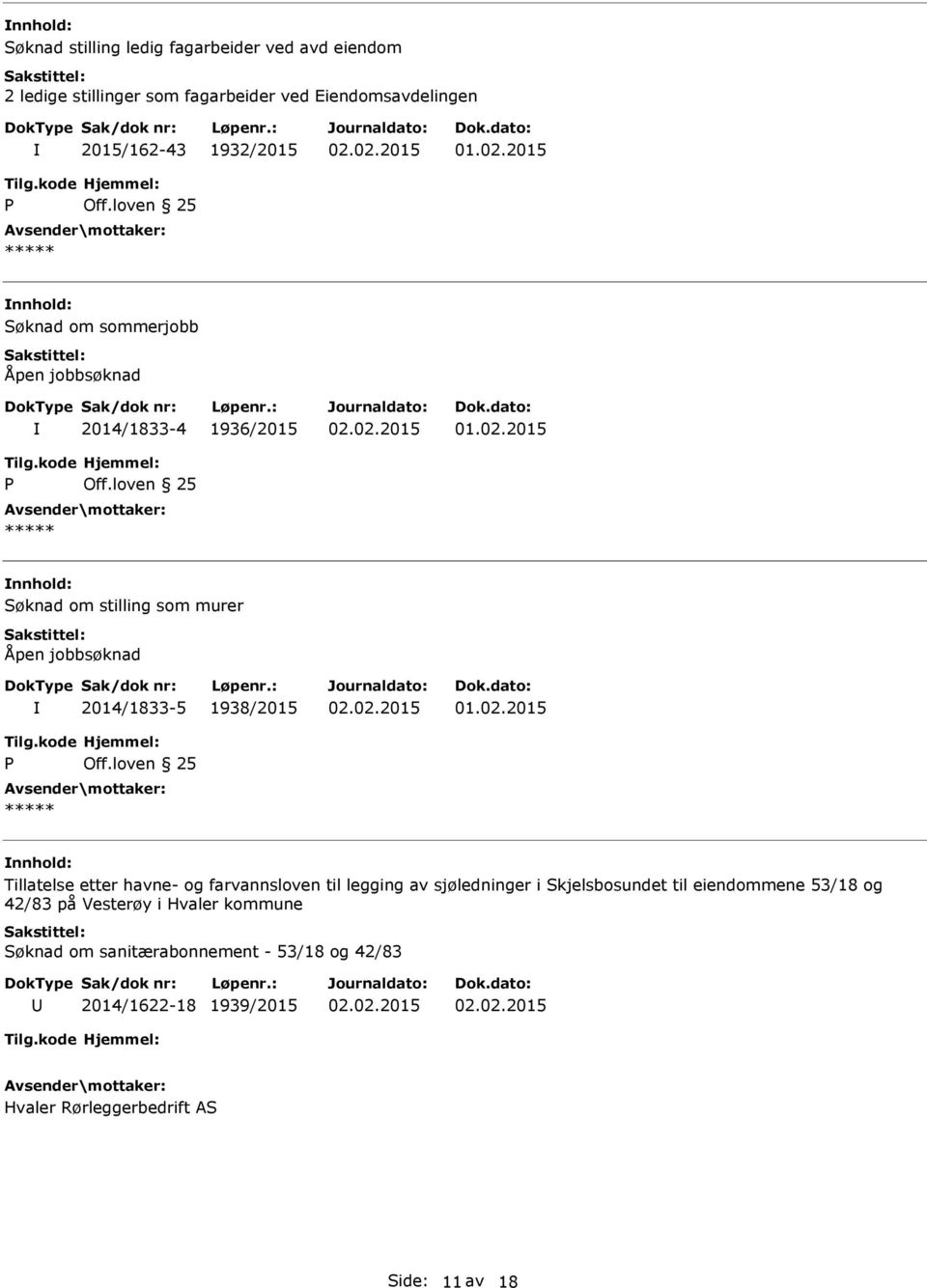 2015 nnhold: Søknad om stilling som murer Åpen jobbsøknad 2014/1833-5 1938/2015 01.02.