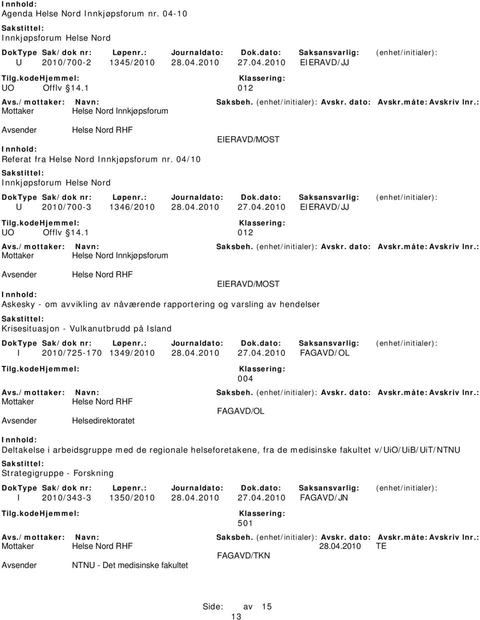 1 012 Mottaker Helse Nord Innkjøpsforum EIERAVD/MOST Askesky - om avvikling av nåværende rapportering og varsling av hendelser I 2010/725-170 1349/2010 28.04.