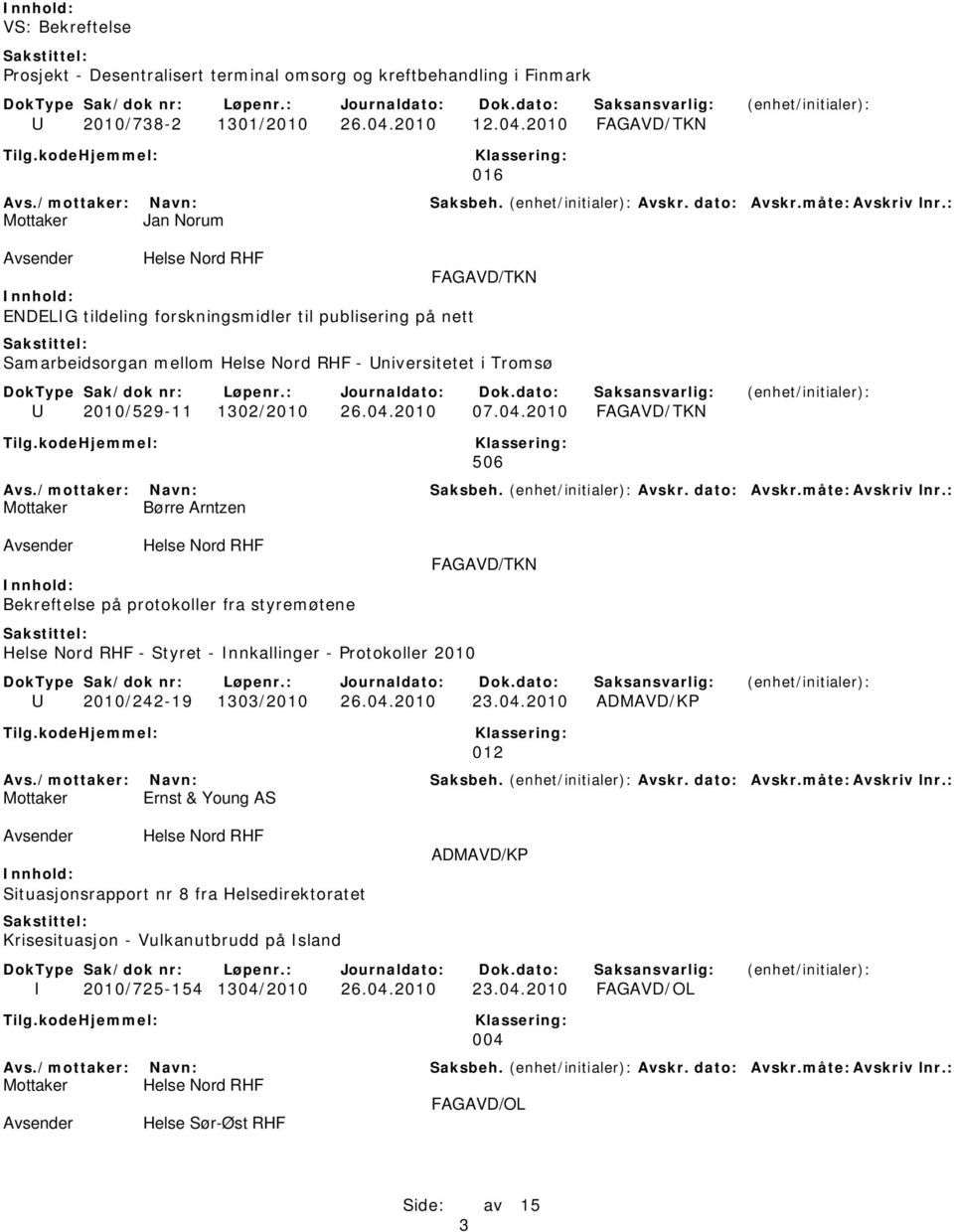 2010 FAGAVD/TKN 016 Mottaker Jan Norum FAGAVD/TKN ENDELIG tildeling forskningsmidler til publisering på nett Samarbeidsorgan mellom - Universitetet i Tromsø U