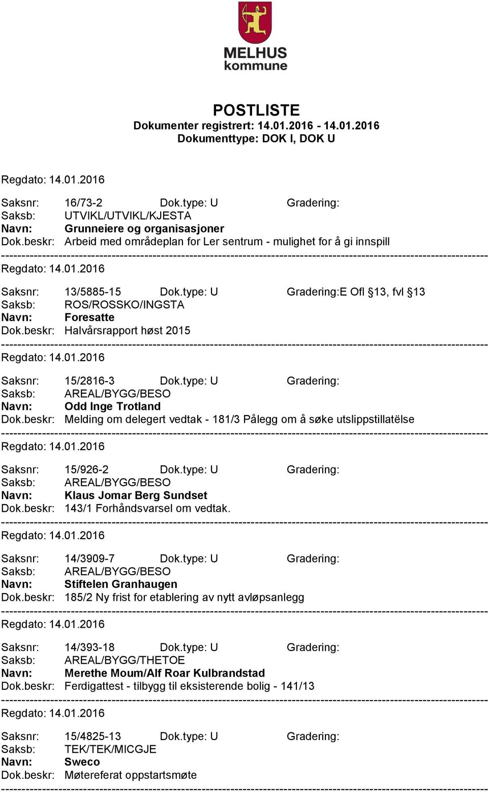 type: U Gradering: Saksb: AREAL/BYGG/BESO Navn: Odd Inge Trotland Dok.beskr: Melding om delegert vedtak - 181/3 Pålegg om å søke utslippstillatëlse Saksnr: 15/926-2 Dok.