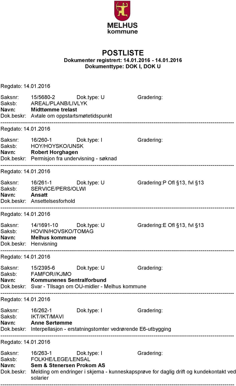 type: U Gradering:P Ofl 13, fvl 13 Saksb: SERVICE/PERS/OLWI Navn: Ansatt Dok.beskr: Ansettelsesforhold Saksnr: 14/1691-10 Dok.type: U Gradering:E Ofl 13, fvl 13 Saksb: HOVIN/HOVSKO/TOMAG Dok.