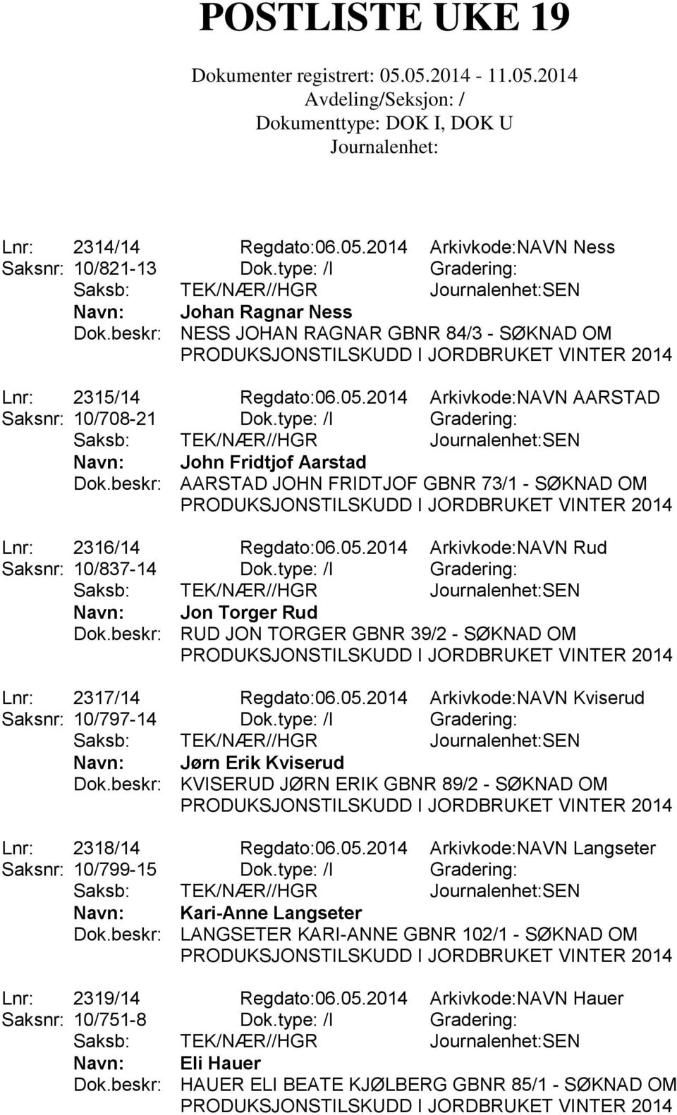 type: /I Gradering: Navn: Jon Torger Rud Dok.beskr: RUD JON TORGER GBNR 39/2 - SØKNAD OM Lnr: 2317/14 Regdato:06.05.2014 Arkivkode:NAVN Kviserud Saksnr: 10/797-14 Dok.