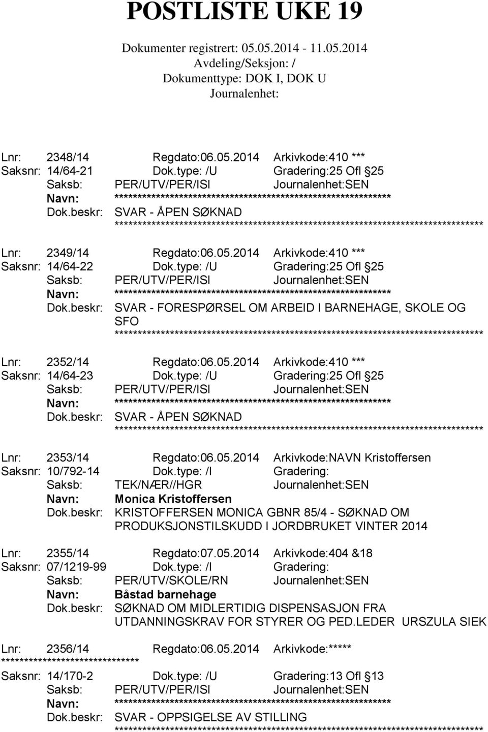 type: /U Gradering:25 Ofl 25 Saksb: PER/UTV/PER/ISI SEN Dok.beskr: SVAR - ÅPEN SØKNAD Lnr: 2353/14 Regdato:06.05.2014 Arkivkode:NAVN Kristoffersen Saksnr: 10/792-14 Dok.