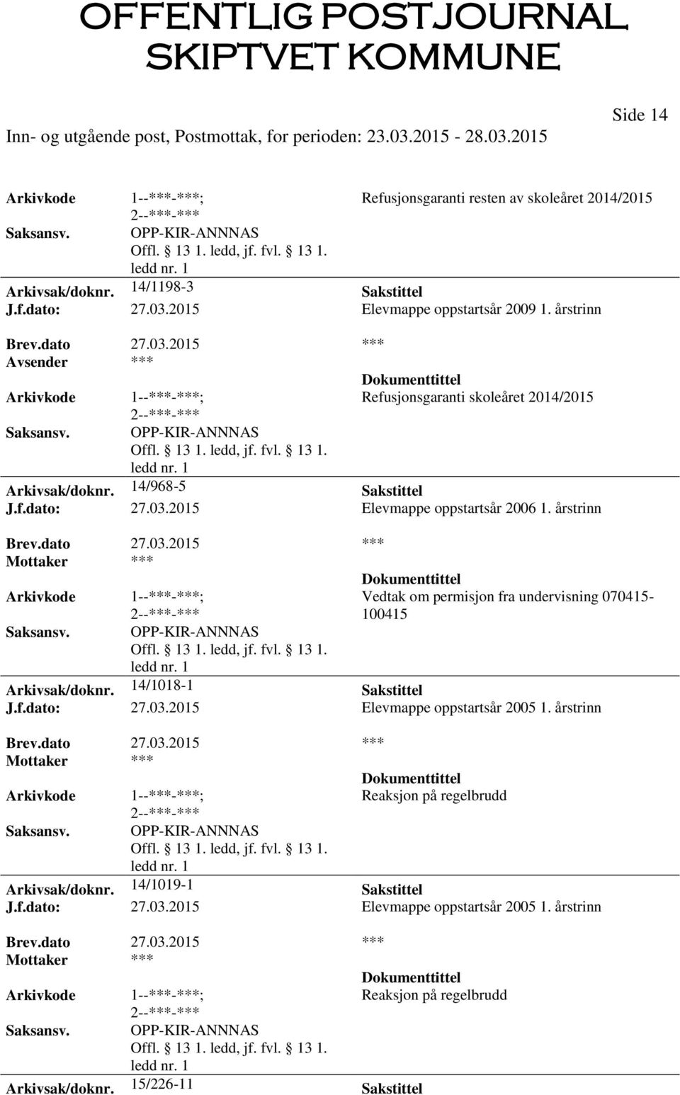 årstrinn Brev.dato 27.03.2015 *** Mottaker *** 1--***-***; OPP-KIR-ANNNAS Vedtak om permisjon fra undervisning 070415-100415 Arkivsak/doknr. 14/1018-1 Sakstittel J.f.dato: 27.03.2015 Elevmappe oppstartsår 2005 1.