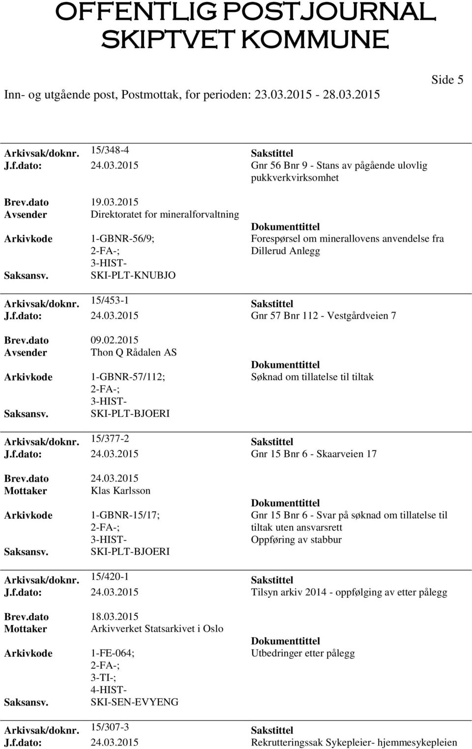 2015 Avsender Direktoratet for mineralforvaltning 1-GBNR-56/9; SKI-PLT-KNUBJO Forespørsel om minerallovens anvendelse fra Dillerud Anlegg Arkivsak/doknr. 15/453-1 Sakstittel J.f.dato: 24.03.