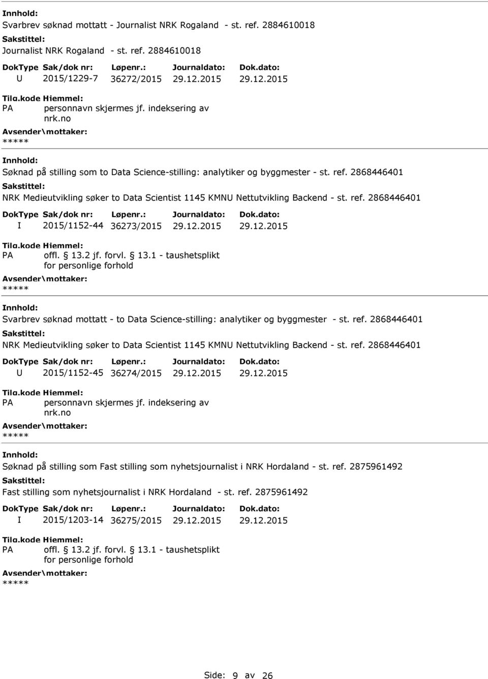 2868446401 2015/1152-44 36273/2015 Svarbrev søknad mottatt - to Data Science-stilling: analytiker og byggmester - st.