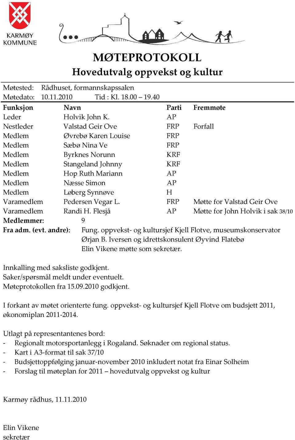 AP Medlem Løberg Synnøve H Varamedlem Pedersen Vegar L. FRP Møtte for Valstad Geir Ove Varamedlem Randi H. Flesjå AP Møtte for John Holvik i sak 38/10 Medlemmer: 9 Fra adm. (evt. andre): Fung.