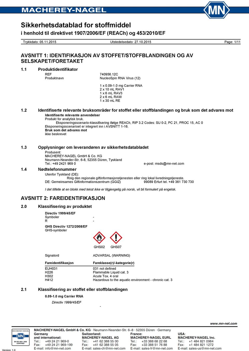 Eksponeringsscenarioklassifisering ifølge REACh, RIP 3.2 Codes: SU 02, PC 21, PROC 15, AC 0 Eksponeringsscenarioet er integrert inn i AVSNITT 116. Bruk som det advares mot ikke beskrevet 1.