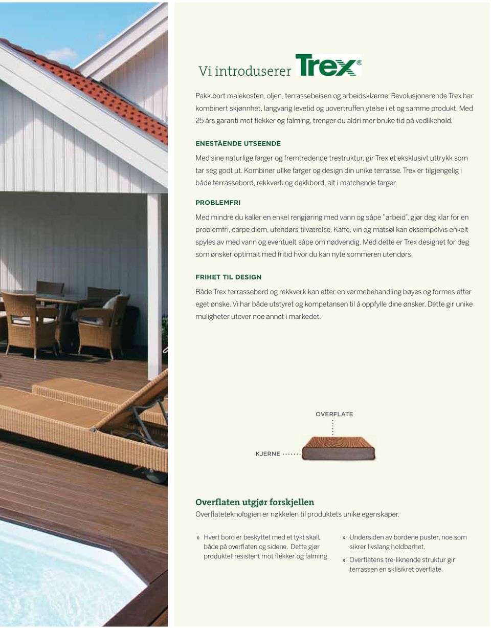 ENESTÅENDE UTSEENDE Med sine naturlige farger og fremtredende trestruktur, gir Trex et eksklusivt uttrykk som tar seg godt ut. Kombiner ulike farger og design din unike terrasse.