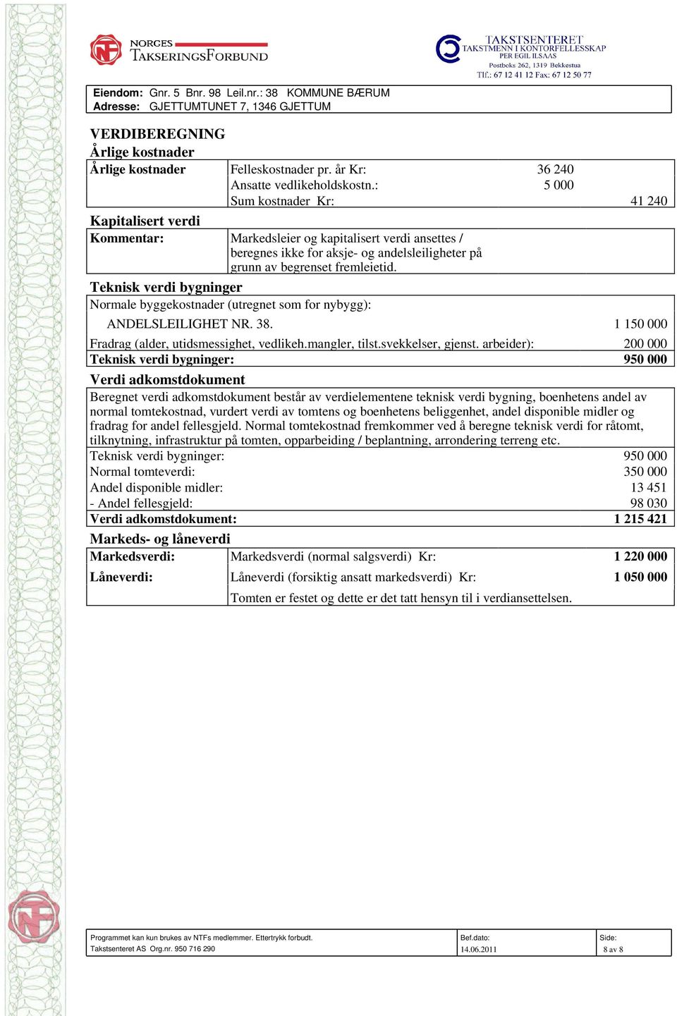 Teknisk verdi bygninger Normale byggekostnader (utregnet som for nybygg): ANDELSLEILIGHET NR. 38. 1 150 000 Fradrag (alder, utidsmessighet, vedlikeh.mangler, tilst.svekkelser, gjenst.