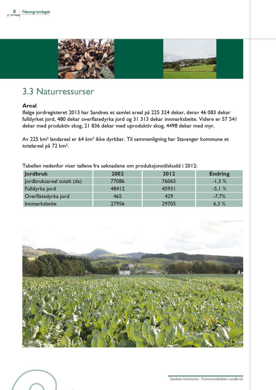 31 313 dekar innmarksbeite. Videre er 57 541 dekar med produktiv skog, 21 836 dekar med uproduktiv skog, 4498 dekar med myr.