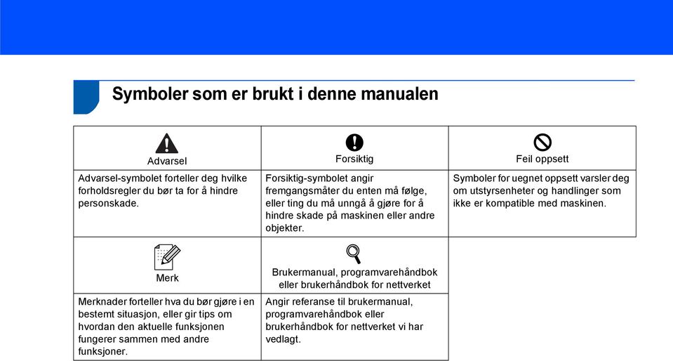 Symboler for uegnet oppsett varsler deg om utstyrsenheter og handlinger som ikke er kompatible med maskinen.