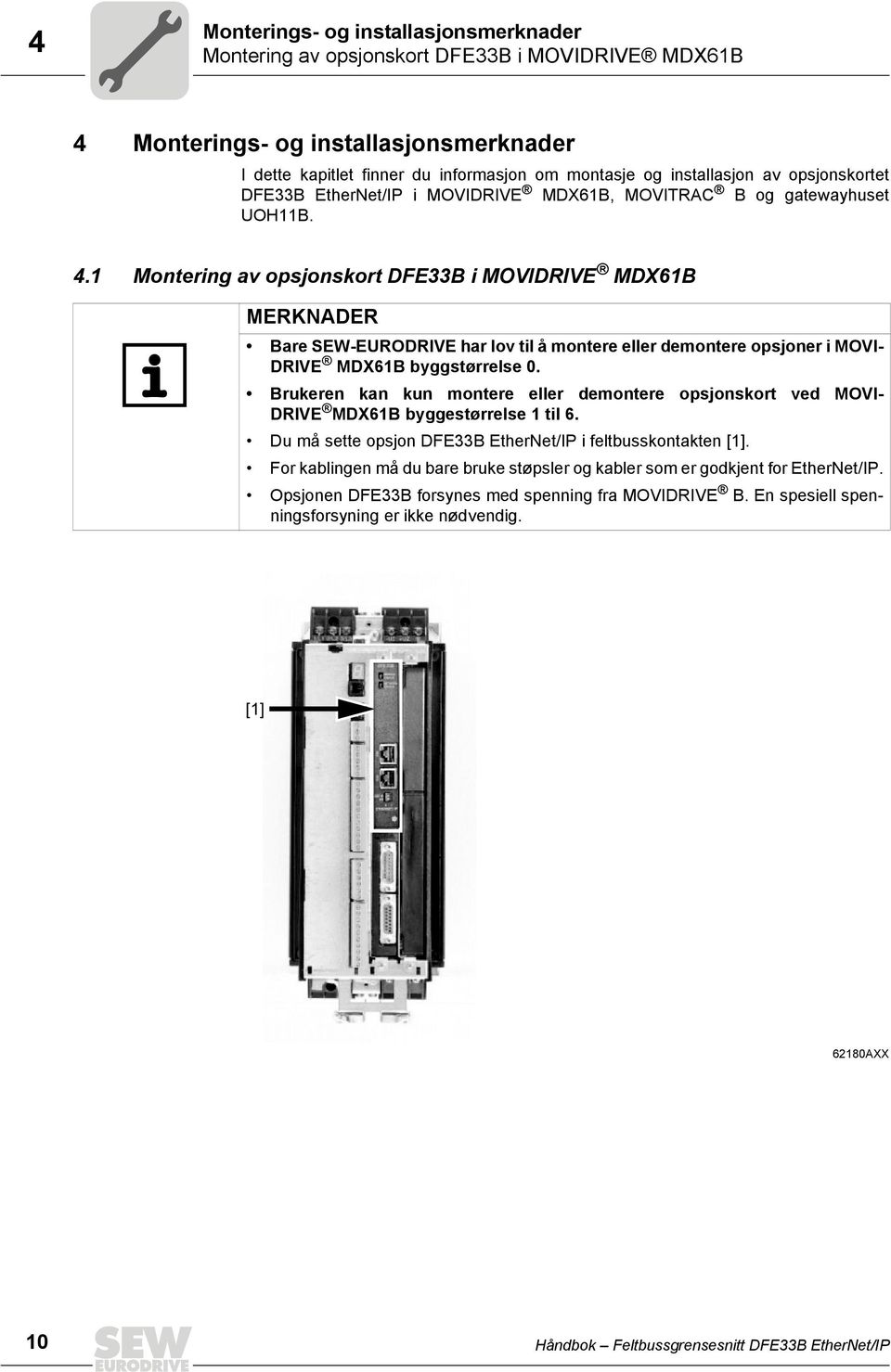 1 Montering av opsjonskort DFE33B i MOVIDRIVE MDX61B MERKNADER Bare SEW-EURODRIVE har lov til å montere eller demontere opsjoner i MOVI- DRIVE MDX61B byggstørrelse 0.