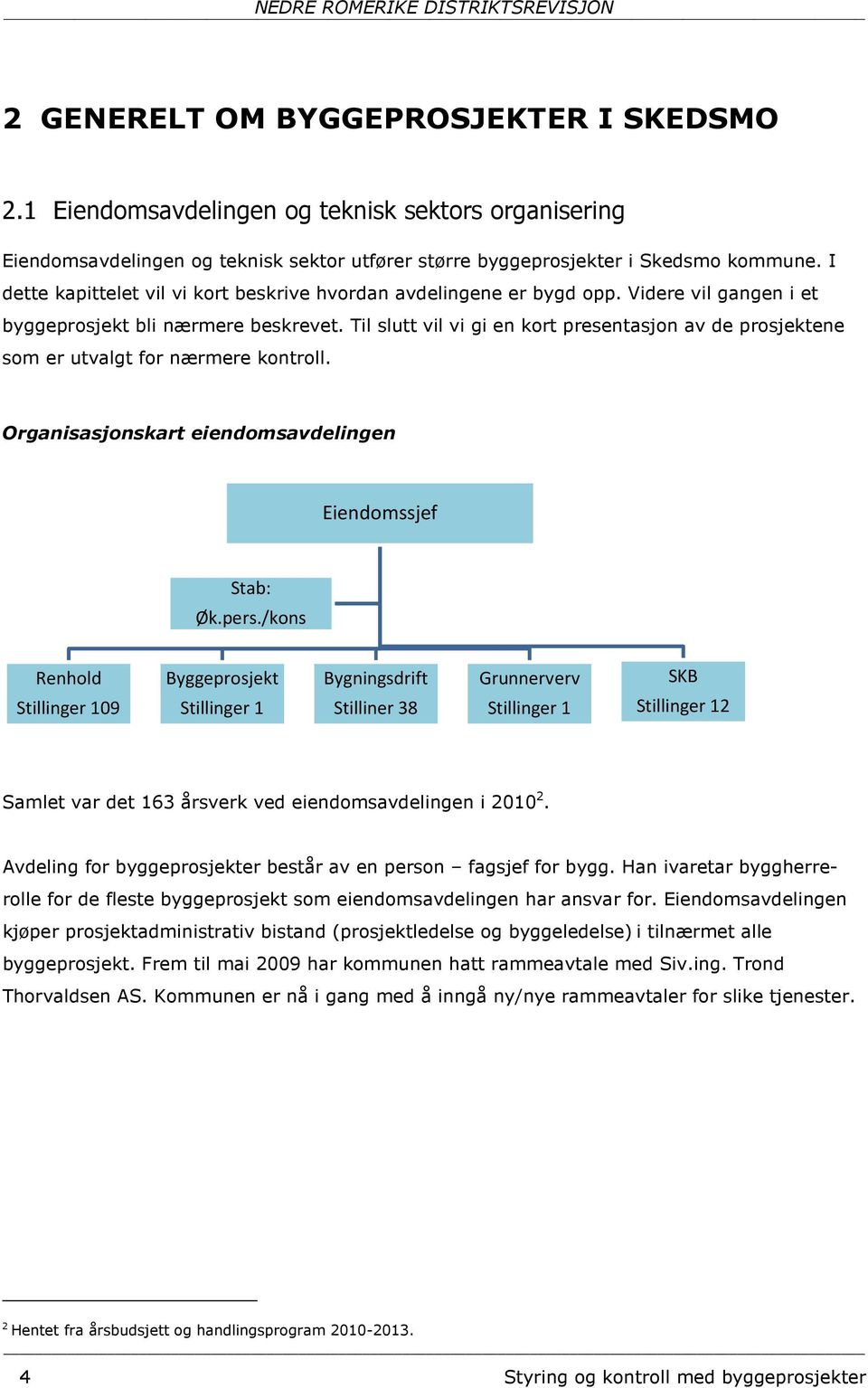 Til slutt vil vi gi en kort presentasjon av de prosjektene som er utvalgt for nærmere kontroll. Organisasjonskart eiendomsavdelingen Eiendomssjef Stab: Øk.pers.