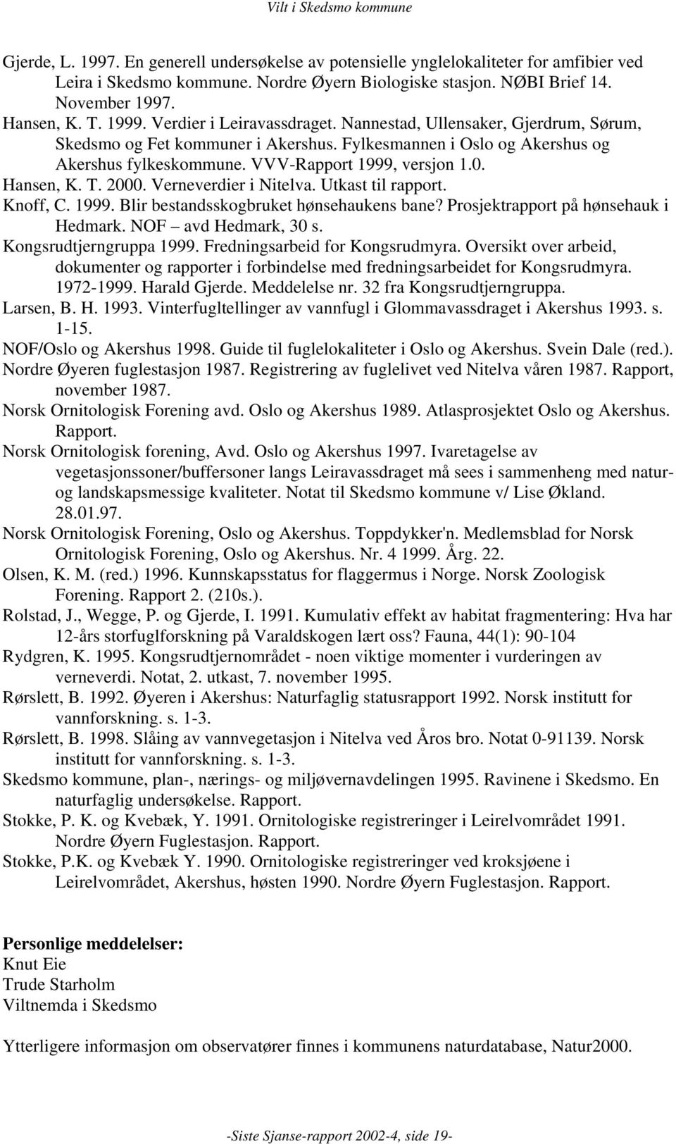 Hansen, K. T. 2000. Verneverdier i Nitelva. Utkast til rapport. Knoff, C. 1999. Blir bestandsskogbruket hønsehaukens bane? Prosjektrapport på hønsehauk i Hedmark. NOF avd Hedmark, 30 s.