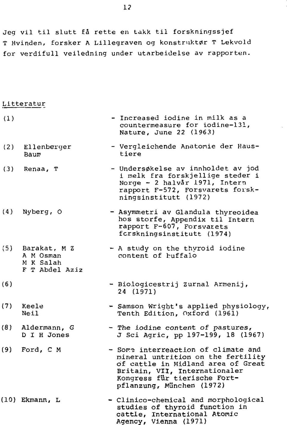 Increased iodine in milk as a countermeasure for iodine-131, Nature, June 22 (1963) Vergleichende Anatomie der Haustiere Undersøkelse av innholdet av jod i melk fra forskjellige steder i Norge - 2