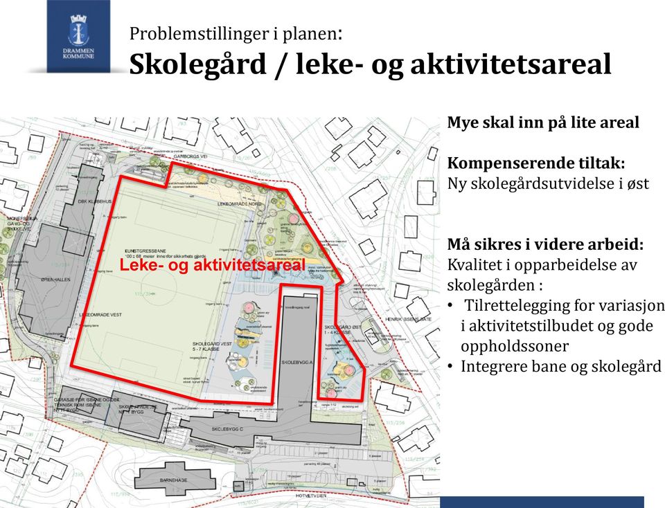 aktivitetsareal Må sikres i videre arbeid: Kvalitet i opparbeidelse av skolegården :