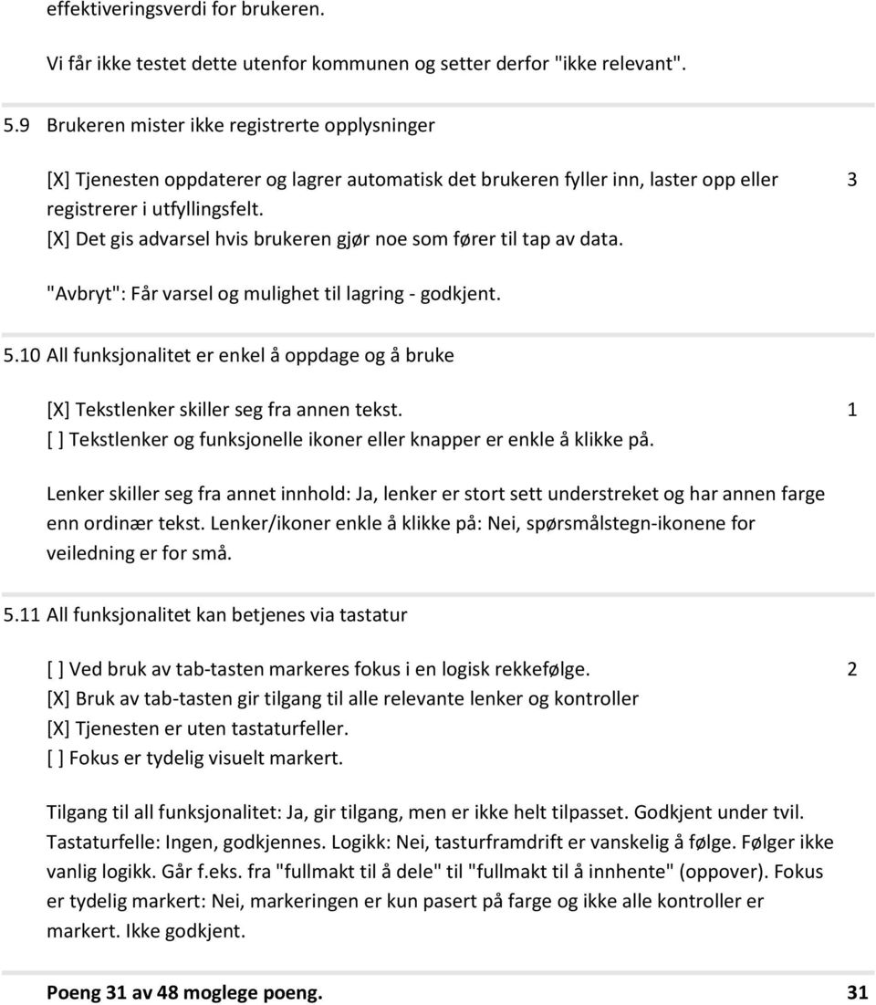 [X] Det gis advarsel hvis brukeren gjør noe som fører til tap av data. "Avbryt": Får varsel og mulighet til lagring - godkjent. 5.