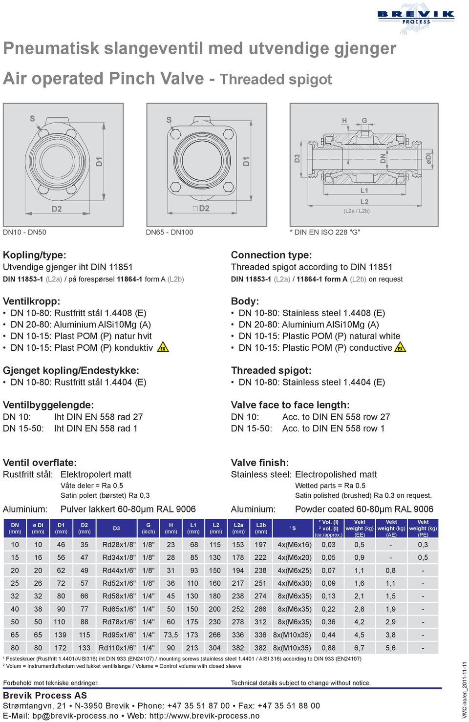 4404 (E) Ventilbyggelengde: DN 0: Iht DIN EN 558 rad 7 DN 5-50: Iht DIN EN 558 rad Threaded spigot according to DIN 85 DIN 853- (La) / 864- form A (Lb) on request DN 0-80: tainless steel.