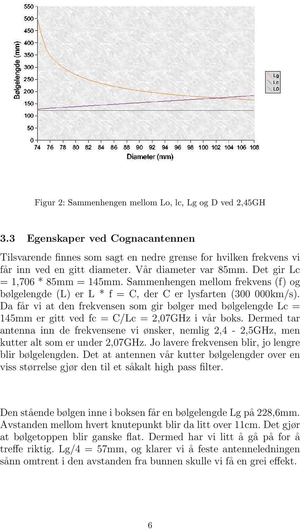 Da får vi at den frekvensen som gir bølger med bølgelengde Lc = 145mm er gitt ved fc = C/Lc = 2,07GHz i vår boks.