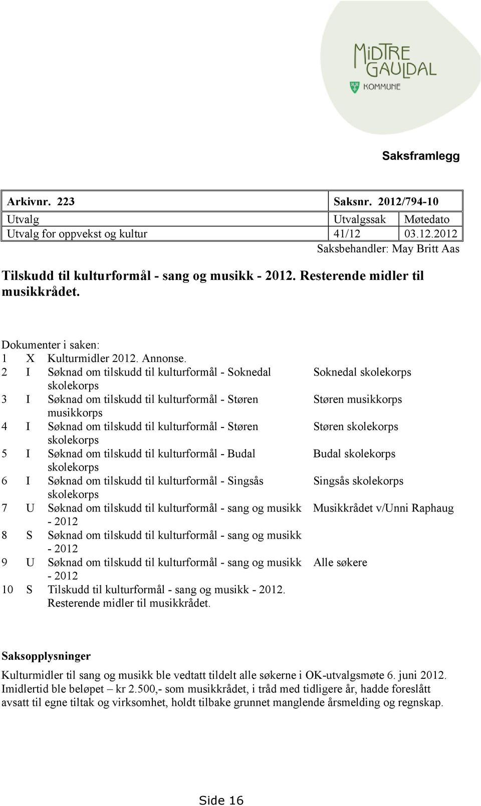 2 I Søknad om tilskudd til kulturformål - Soknedal skolekorps 3 I Søknad om tilskudd til kulturformål - Støren musikkorps 4 I Søknad om tilskudd til kulturformål - Støren skolekorps 5 I Søknad om