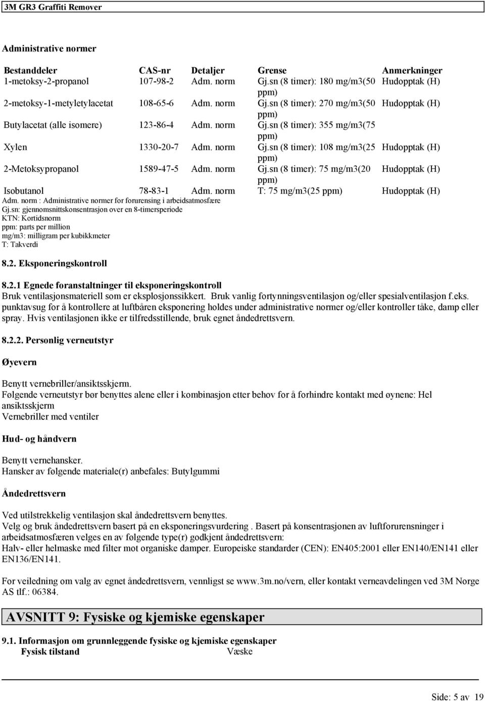 norm T: 75 mg/m3(25 ppm) Hudopptak (H) Adm. norm : Administrative normer for forurensing i arbeidsatmosfære Gj.