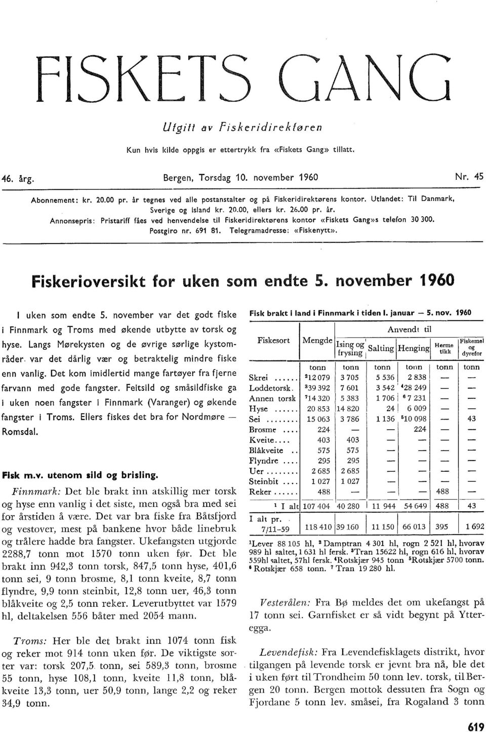 Annonsepris: Pristariff fåes ved henvendese ti Fiskeridirektørens kontor «Fiskets Gang»s teefon 30 300. Postgiro nr. 69 8. Teegramadresse: «Fiskenytt». Fiskerioversikt for uken som endte 5.