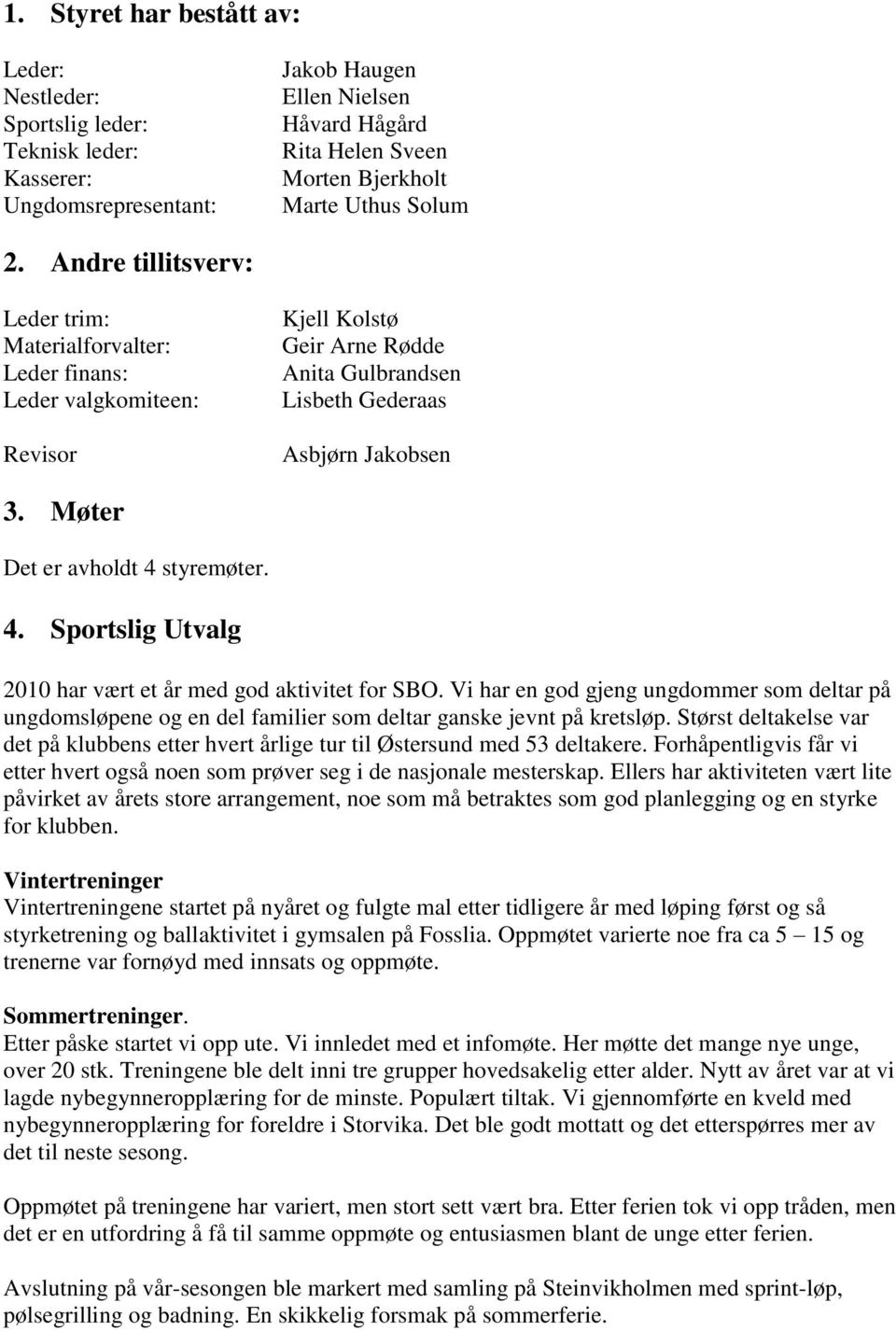 Møter Det er avholdt 4 styremøter. 4. Sportslig Utvalg 2010 har vært et år med god aktivitet for SBO.