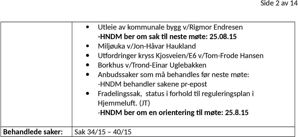 Uglebakken Anbudssaker som må behandles før neste møte: -HNDM behandler sakene pr-epost Fradelingssak, status