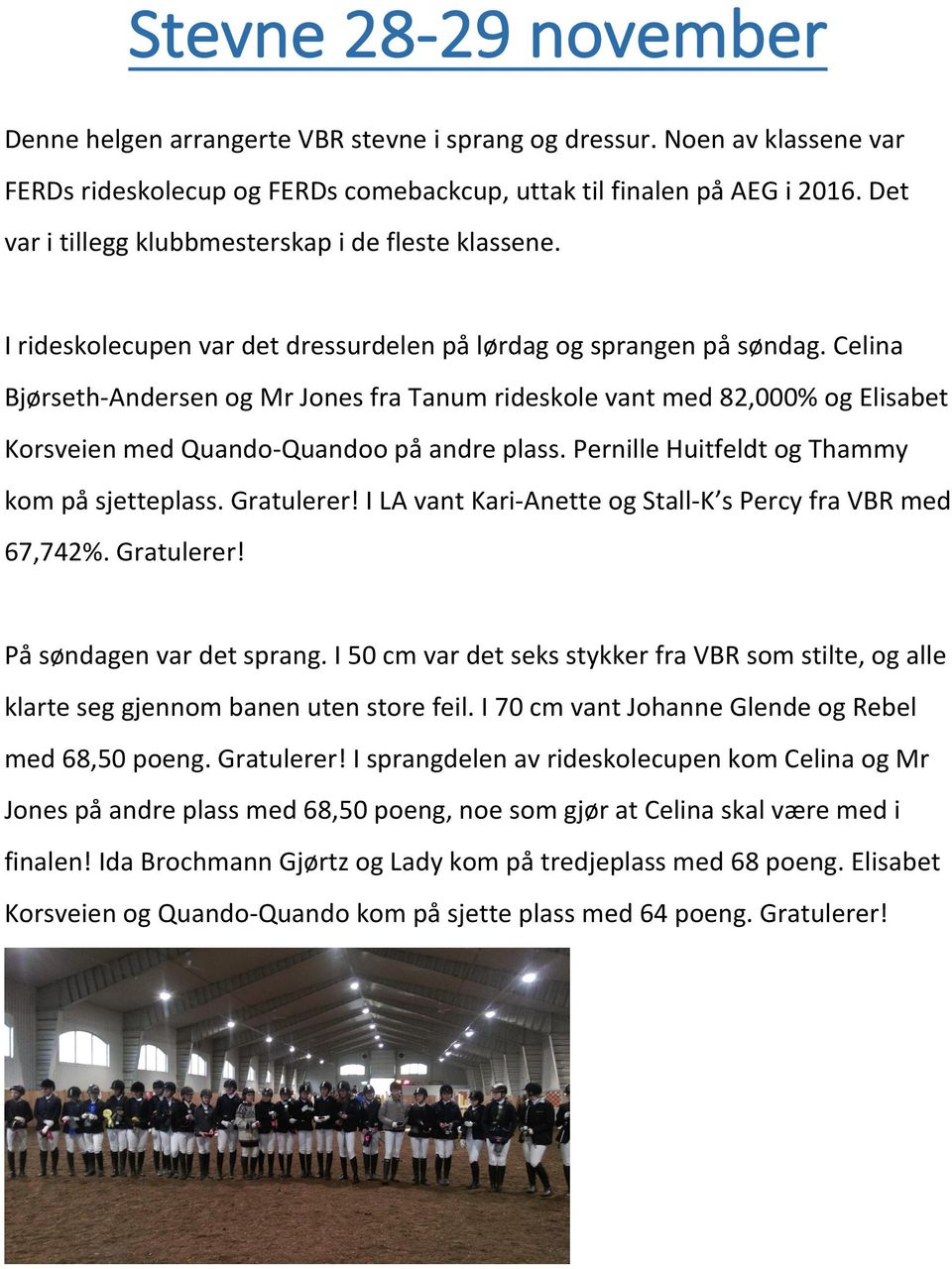 Celina Bjørseth- Andersen og Mr Jones fra Tanum rideskole vant med 82,000% og Elisabet Korsveien med Quando- Quandoo på andre plass. Pernille Huitfeldt og Thammy kom på sjetteplass. Gratulerer!