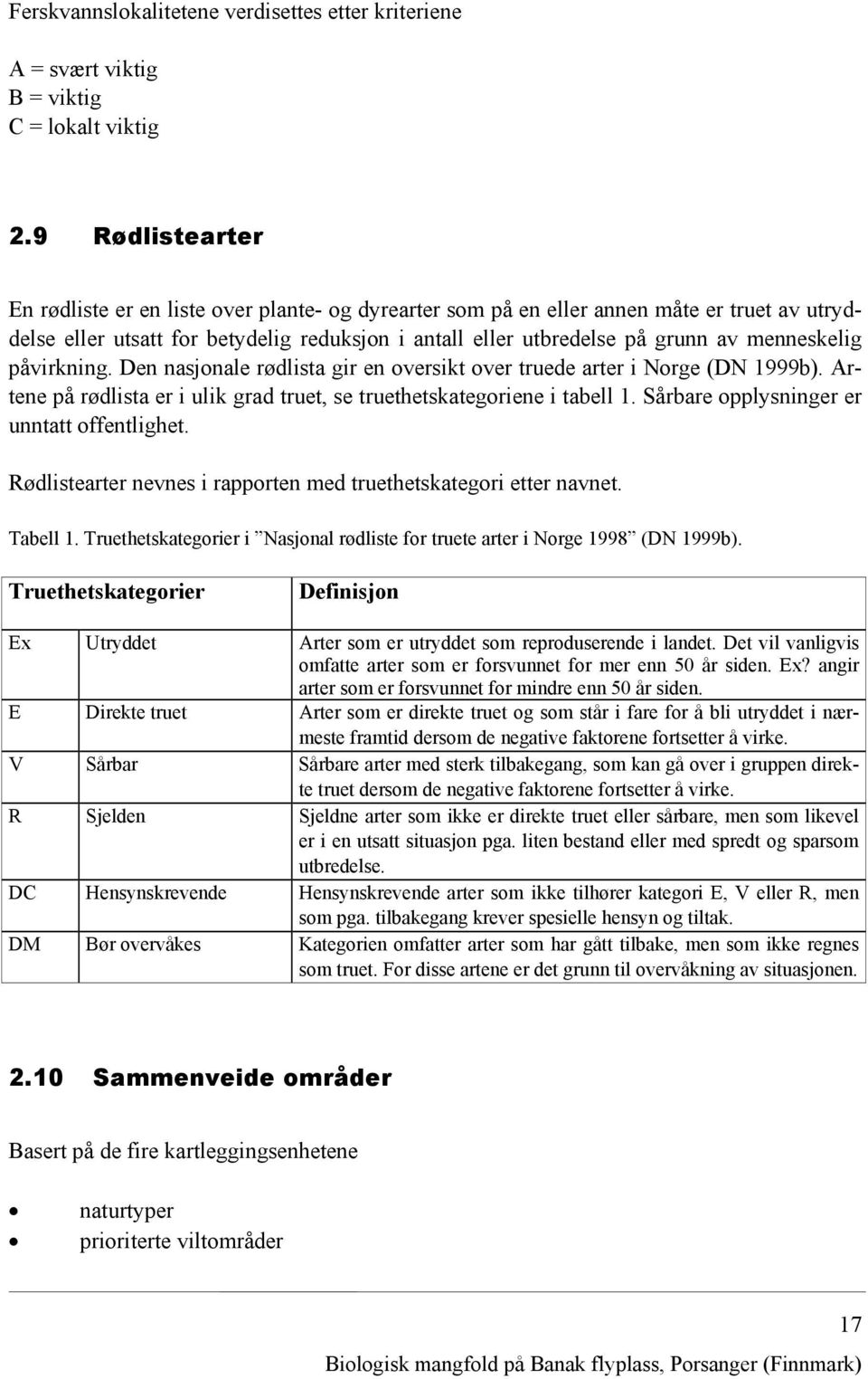 menneskelig påvirkning. Den nasjonale rødlista gir en oversikt over truede arter i Norge (DN 1999b). Artene på rødlista er i ulik grad truet, se truethetskategoriene i tabell 1.